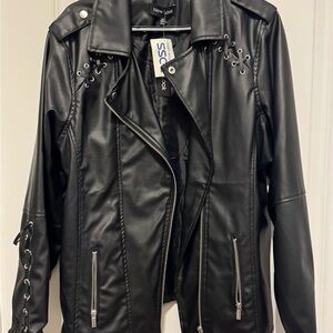 New Look Black Leather Moto Jacket Asymmetrical Zipper